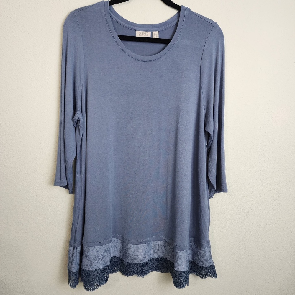 LOGO By Lori Goldstein Blue 3/4 Sleeve Lace + Crushed Velvet Hem Tunic Size 1X